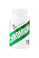 Swedish Supplements Chromium supplement bottle, 90 capsules for blood sugar regulation and weight management.